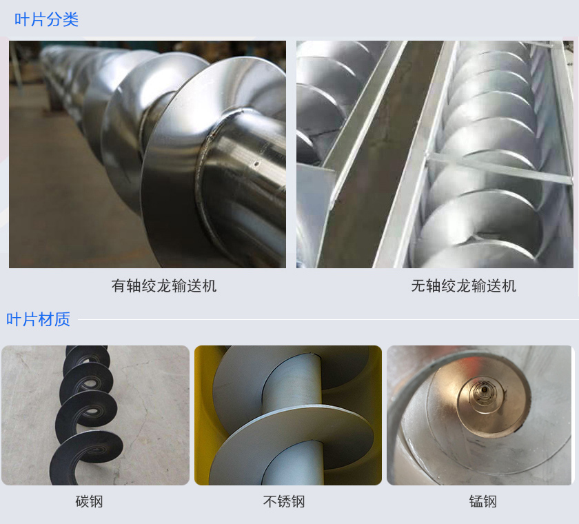絞龍輸送機(jī)分為有軸和無(wú)軸絞龍輸送機(jī)，可根據(jù)物料不同選擇有碳鋼、不銹鋼、錳鋼等材質(zhì)。